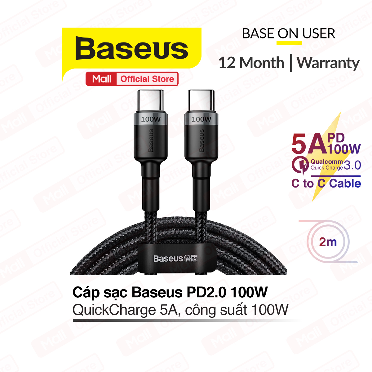 Cáp cafule nylon dây bện c to c pd cung cấp năng lượng 2.0 100w 20v 5a 2m