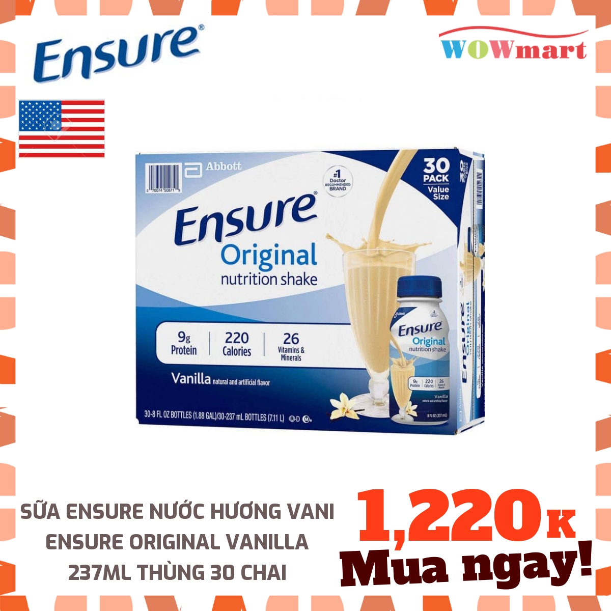 Sữa Ensure nước hương Vani Ensure Original Vanilla 237ml Thùng 30 chai