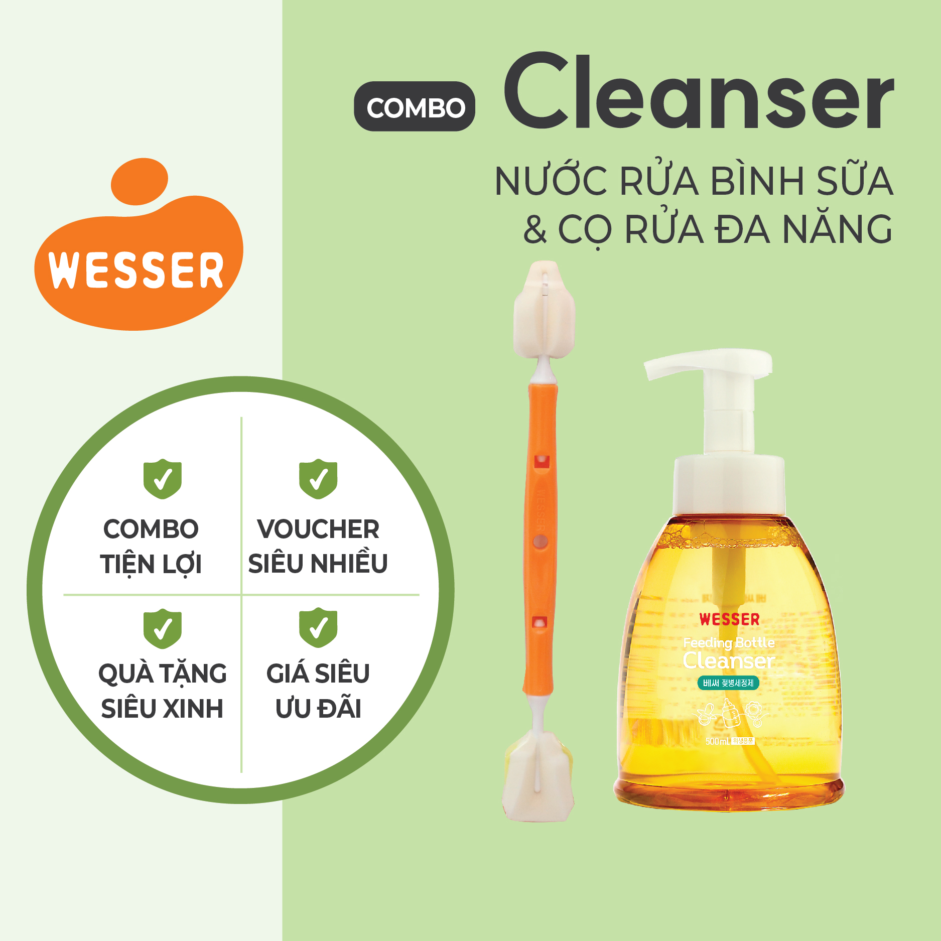 Combo Nước rửa bình sữa chai + dụng cụ vệ sinh bình sữa đa năng wesser