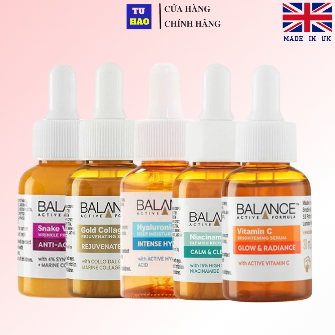Serum Balance Active Formula Vitamin C, Hyaluronic Acid, Niacinamide, Gold Collagen, Snake Venom dưỡng ẩm, cấp nước, giảm thâm mụn 30ml