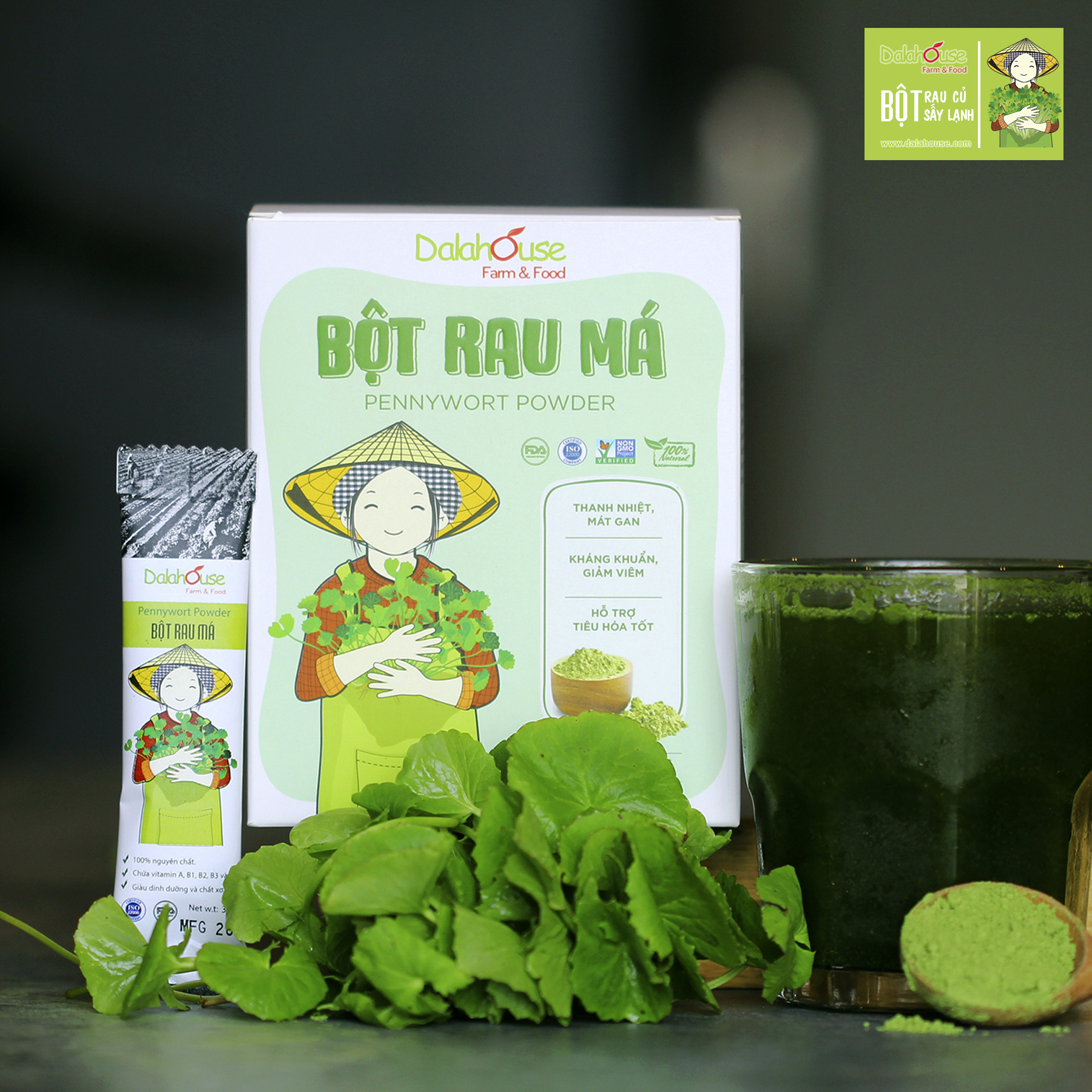 Bột rau má hữu cơ sấy lạnh uống liền Dalahouse Hộp 120gr tương đương 40 lần sử dụng - Mát gan, thanh nhiệt, thải độc, giảm mụn