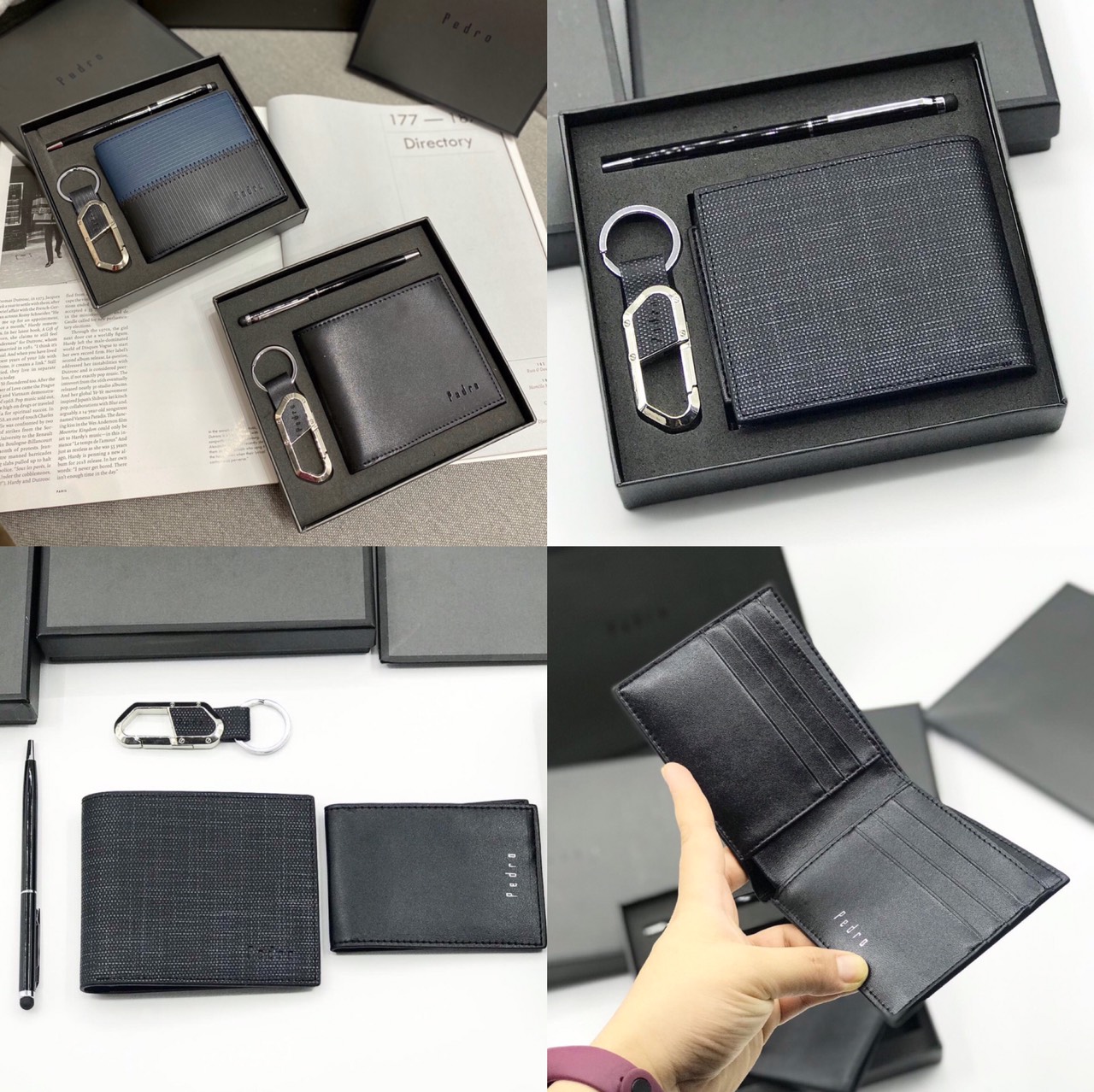 [COMBO] VÍ NAM NHIỀU NGĂN + MÓC KHÓA + BÚT VIẾT LỊCH LÃM FULLBOX KIỂU DÁNG VÍ GẬP ĐÔI BẰNG DA TRƠN MÀU ĐEN DA VÂN SỌC XÁM PHỐI MÀU XANH DƯƠNG VẢI CANVAS MÀU XÁM ĐEN PHỐI DA