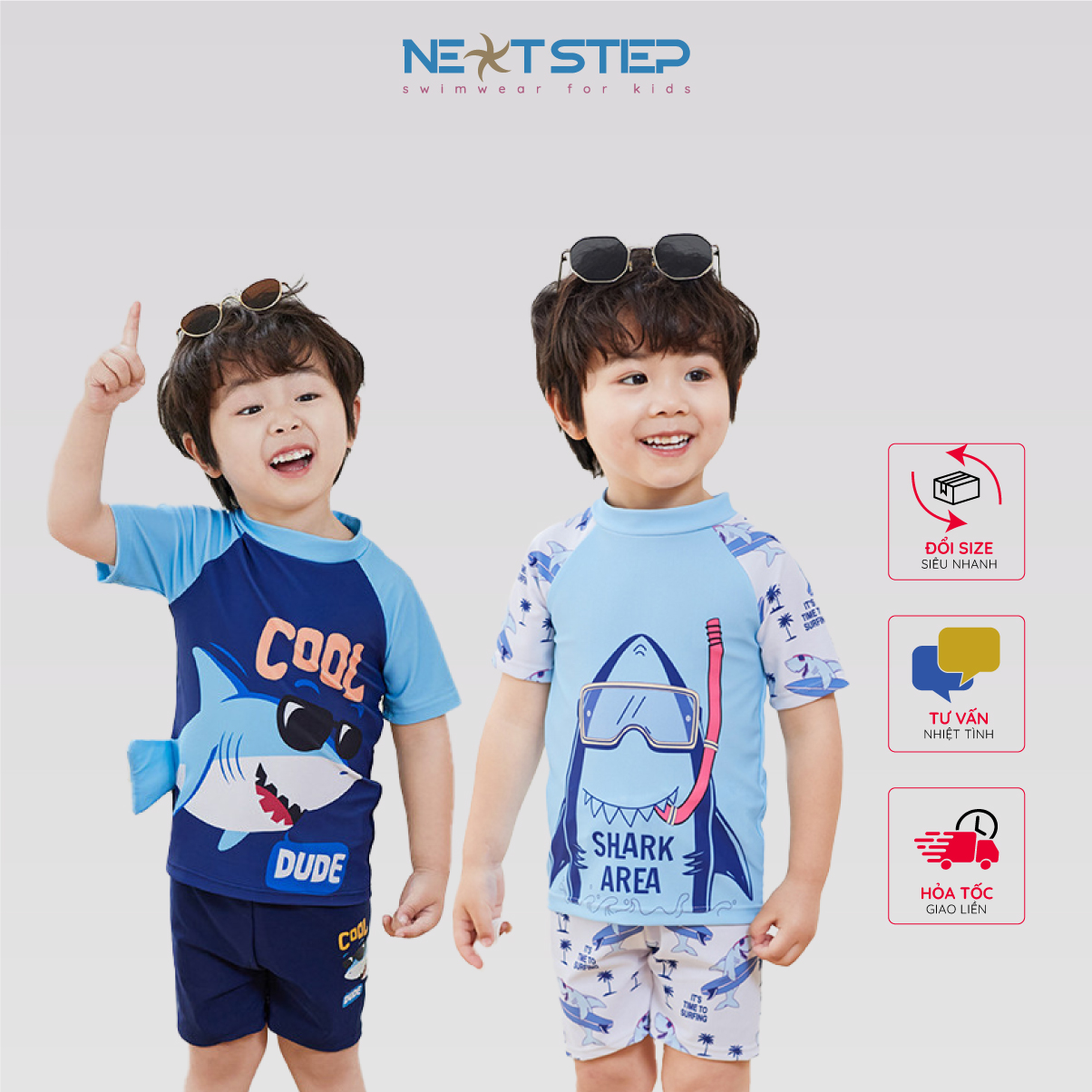 Đồ bơi trẻ em bé trai chất vải co giãn 4 chiều họa tiết Shark cá mập tặng kèm nón bơi cho bé từ 10kg - 35kg