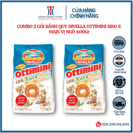 COMBO 2 GÓI BÁNH QUY DIVELLA OTTIMINI RISO E MAIS VỊ NGÔ 400Gr