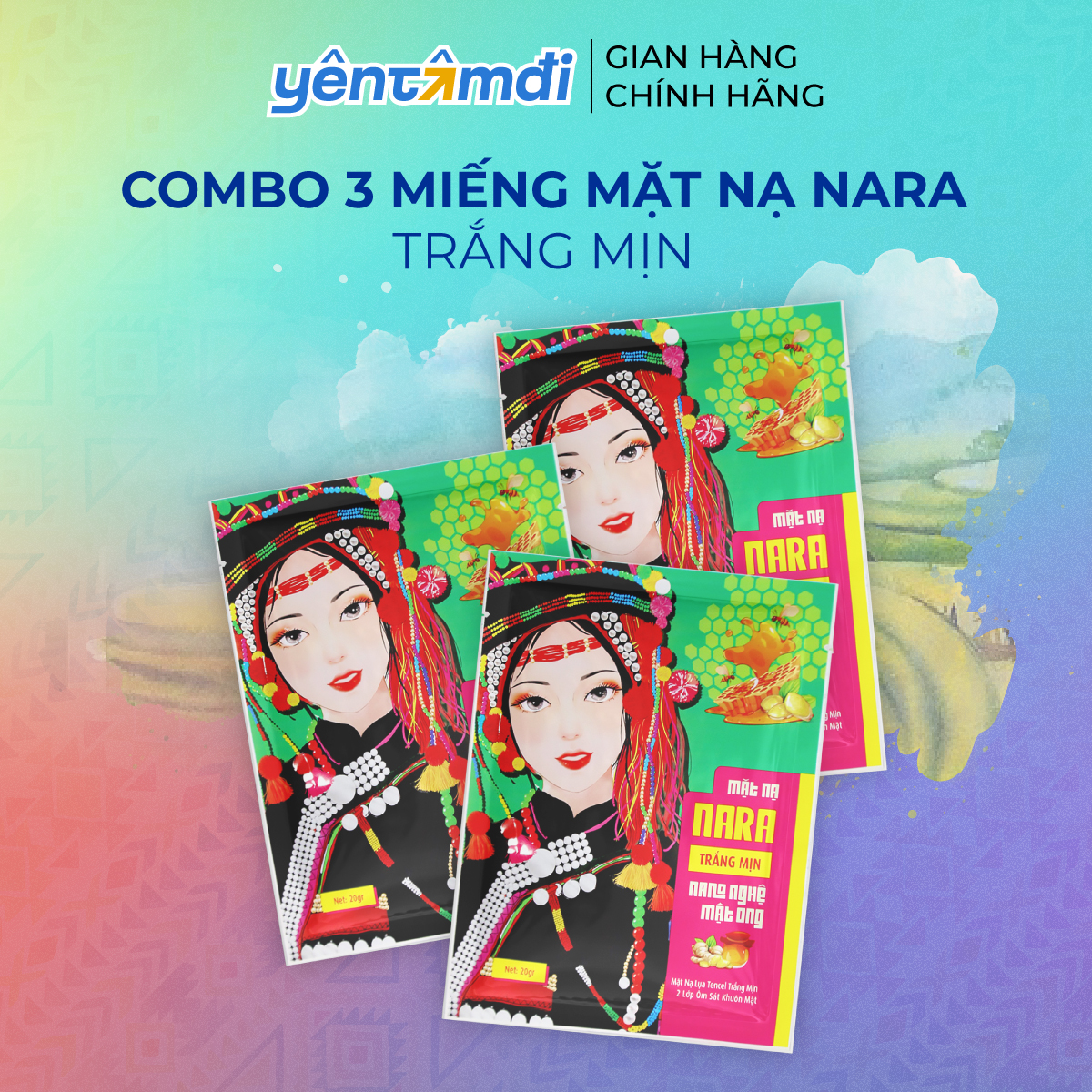 Combo 3 miếng mặt nạ lụa dưỡng trắng cấp ẩm da nara nano nghệ mật ong