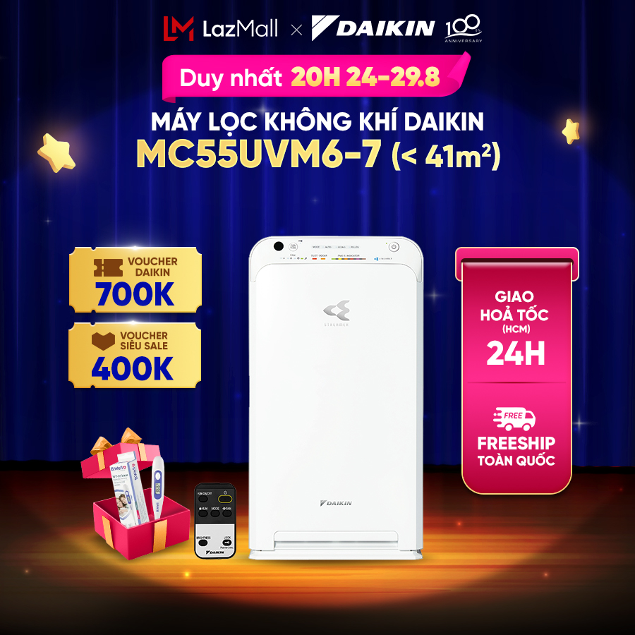 [MIỄN PHÍ SHIP] - Máy Lọc không khí Daikin MC55UVM6-7 - Phù hợp phòng 41m2 - ion âm + streamer diệt khuẩn - Phin lọc tĩnh điện Hepa sử dụng 10 năm