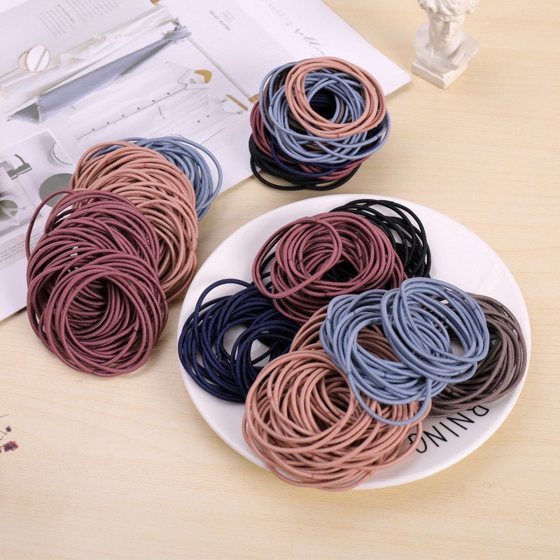 Set 100 Dây Buộc Tóc Thun Trơn Basic Nhiều Màu Siêu Tiện Lợi