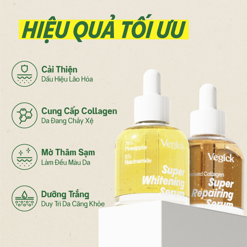 Bộ Đôi Tinh Chất Dứa Dưỡng Trắng Vegick Super Whitening Serum 30ml và Tinh Chất Nhân Sâm Trẻ Hóa Vegick Super Repairing Serum 30ml