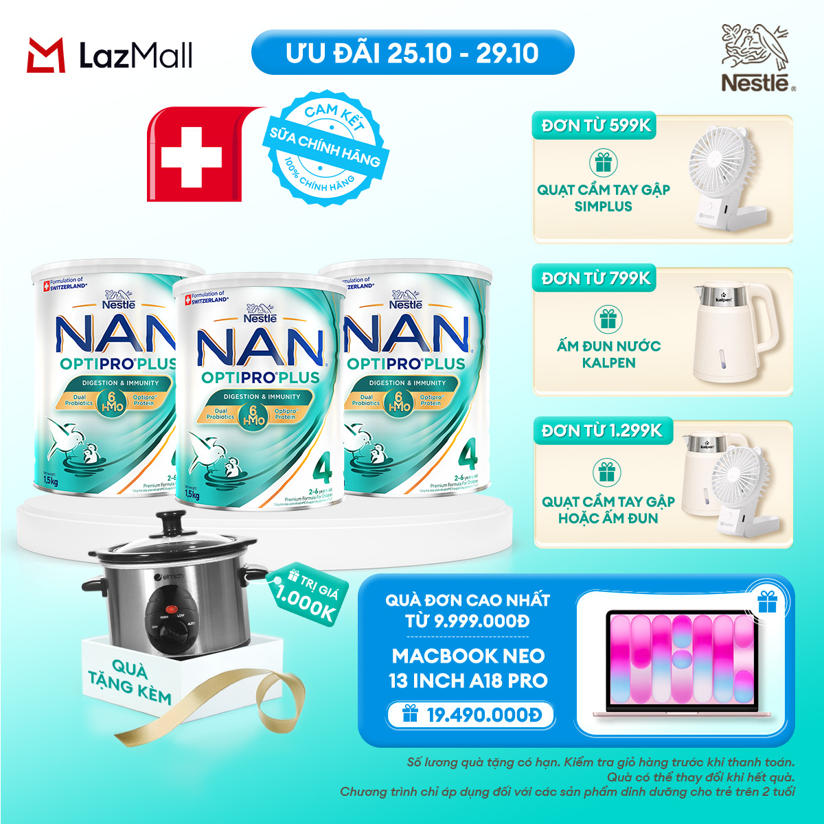 [CHỈ 25-29.10 QT ĐƠN 599K/799K/1299K] [Tặng Nồi hầm dinh dưỡng] Bộ 3 lon Sữa bột Nestle NAN OPTIPRO PLUS số 4 1500g Công Thức Thụy Sĩ Cho Bé 2 - 6 Tuổi Có Đạm OPTIPRO, 6HMO  Lợi Khuẩn Kép