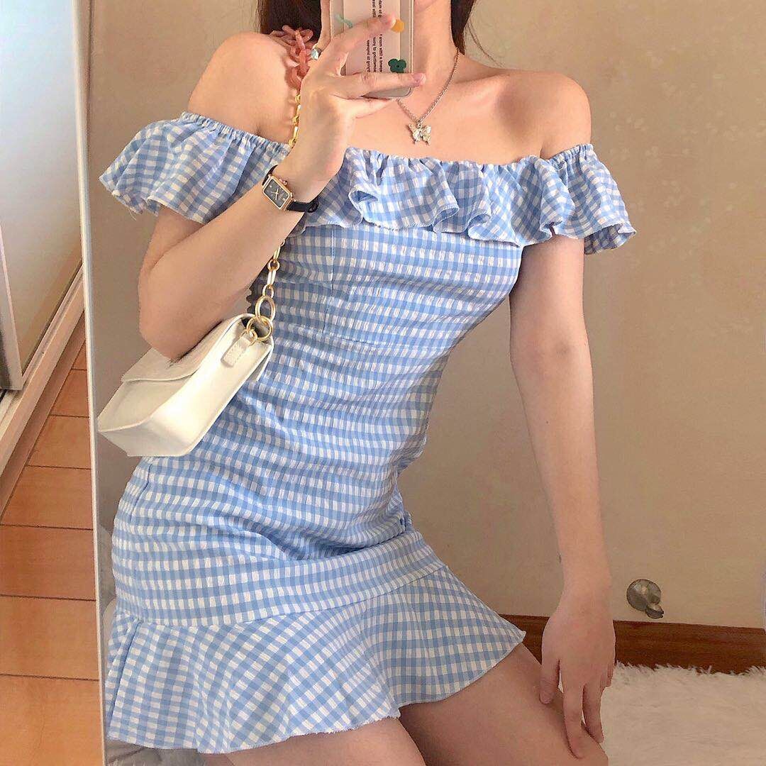 Váy kẻ hở vai bèo nhún - v004