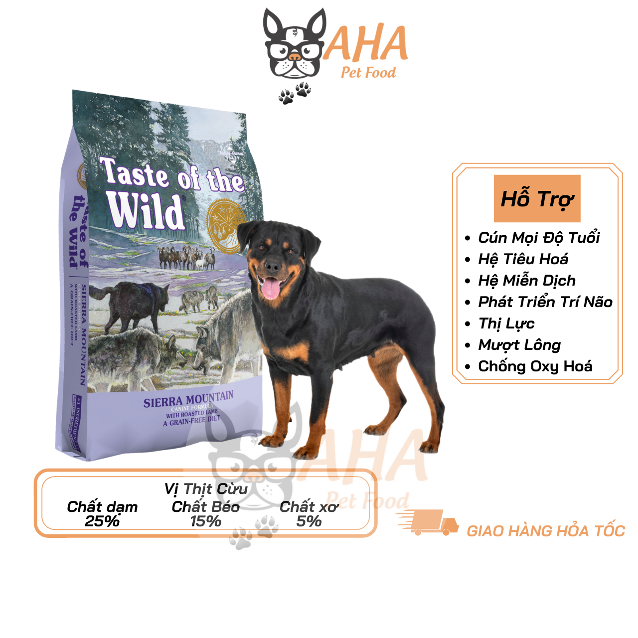 Thức Ăn Cho Chó Rottweiler - Taste Of The Wild - Sierra Mountain Thịt Cừu Nướng Trái Cây Rau Củ Quả Da Lông Bóng Mượt Hệ Miễn Dịch & Hệ Tiêu Hoá Khoẻ Mạnh Men Vi Sinh Đường Ruột - ahapetfood