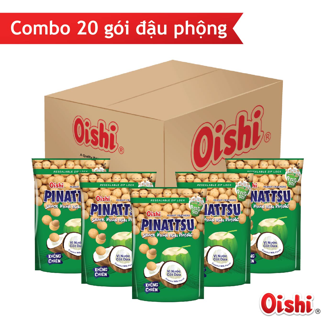 Combo 20 gói Oishi Snack Nhân Đậu Phộng Vị Nước Cốt Dừa Pinattsu (85g/gói)