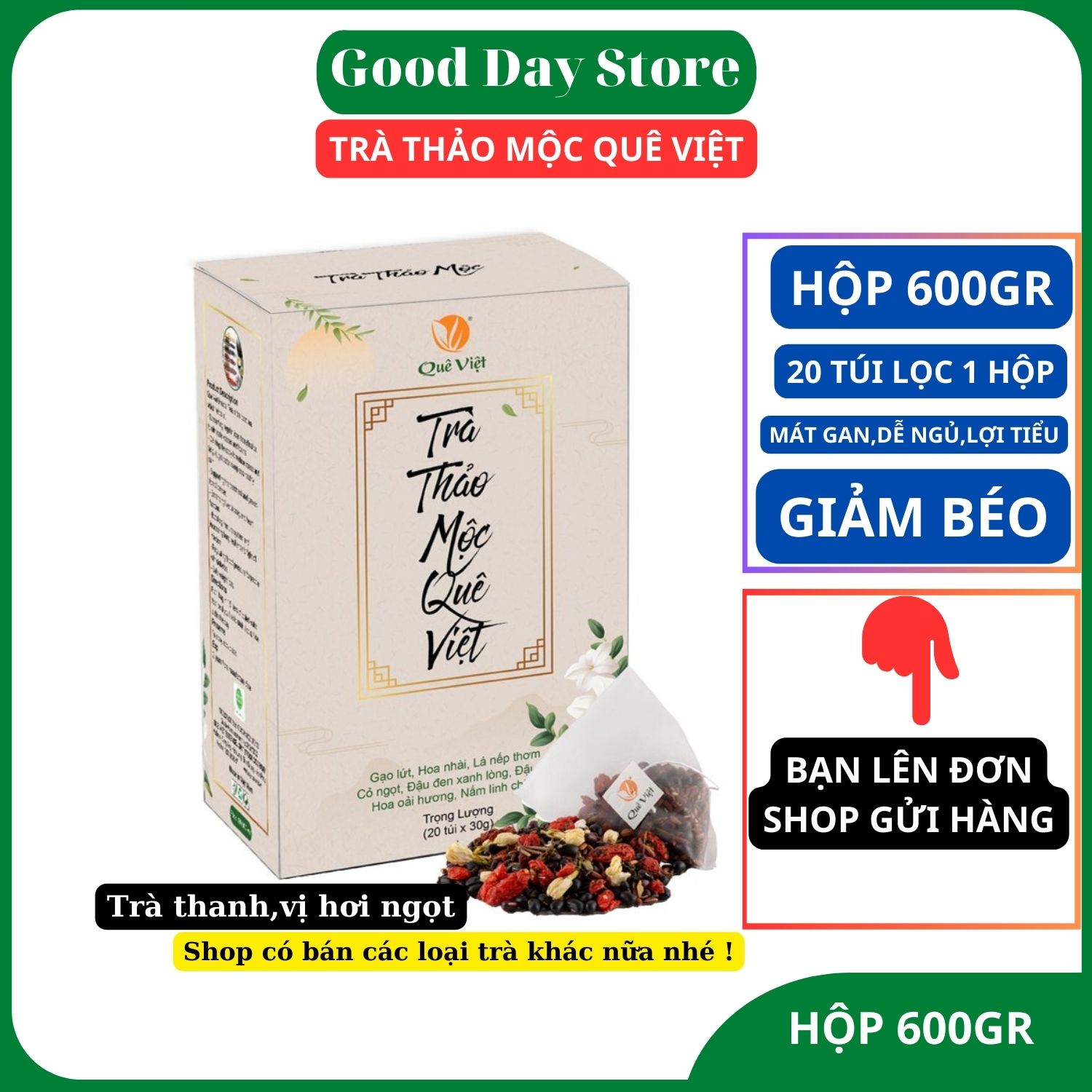 Trà thảo mộc Quê Việt, 1 hộp 600 gram gồm 20 túi lọc rất tiện khi sử dụng