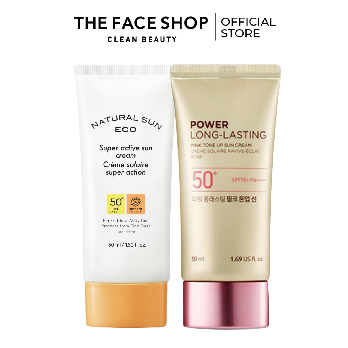 Combo kem chống nắng the face shop long lasting pink + super active sun 50ml