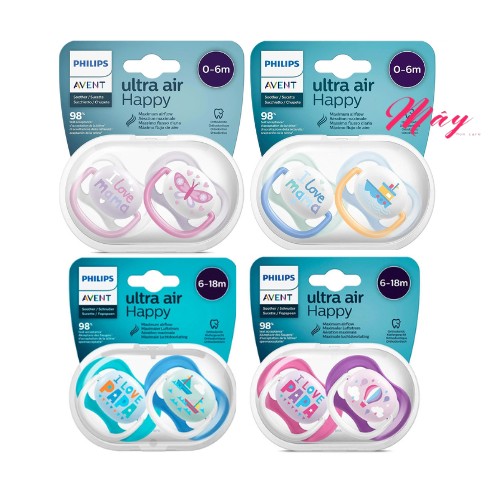 Ty ngậm Philips AVENT Ultra Air Happy siêu mềm, chống hô,vẩu cho bé 0-6-18 tháng