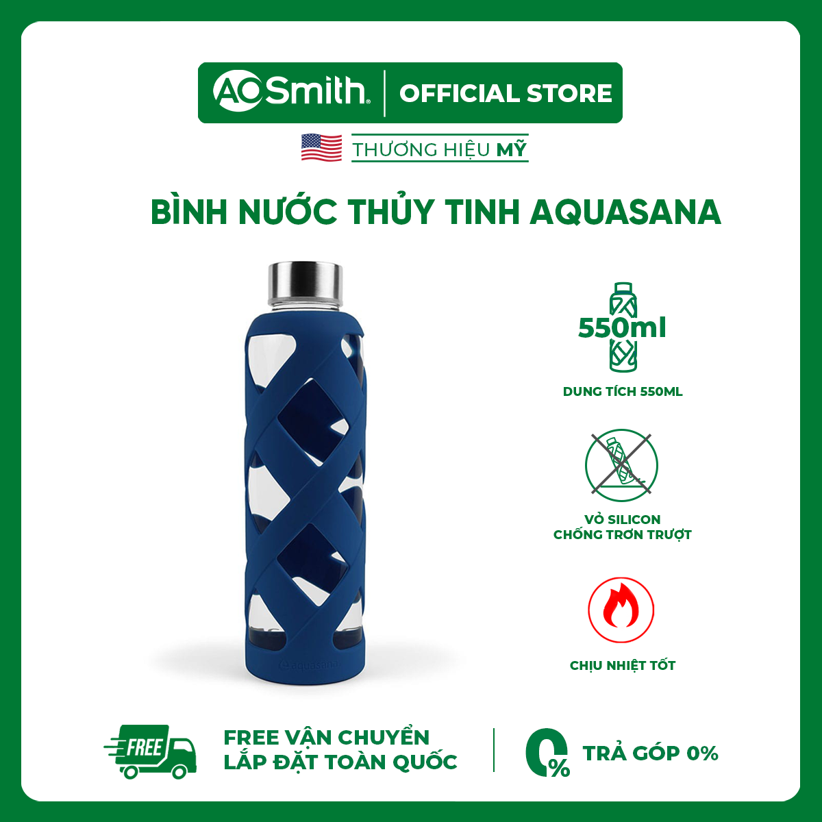 Bình Thủy Tinh Aquasana - A. O. Smith nhập khẩu Mỹ có lớp chống sốc