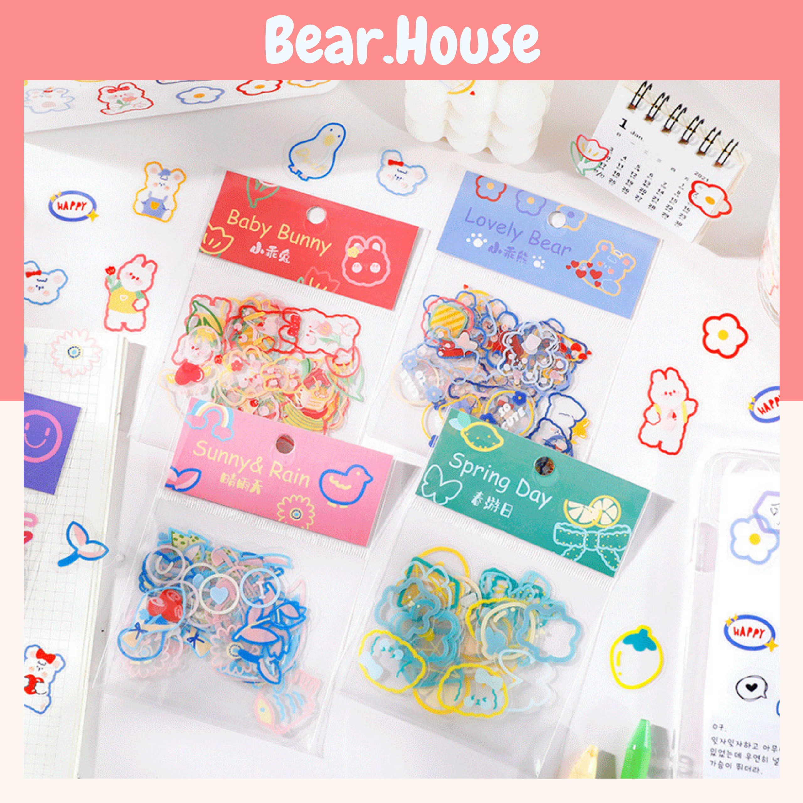 Túi 45 sticker cắt sẵn trong suốt dán trang trí sổ tay, điện thoại bear.house