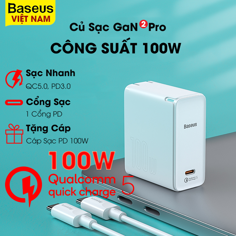 [BẢO HÀNH 18 THÁNG] Củ sạc nhanh Baseus 100W GaN2 USB-C Charger PD QC Quick Charge 5.0 4.0 3.0 Type-C cho iPhone 12 Pro Max/ Macbook/ Laptop