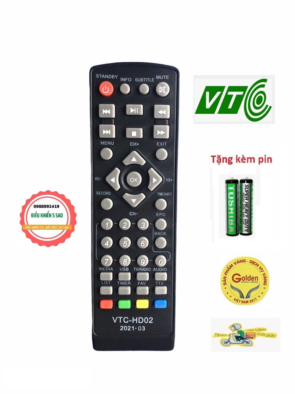 Điều khiển đầu vtc hd-02 loại tốt zin theo nhà máy nhà sản xuất - tặng kèm pin chính hãng - remote vtc hd02 - remote đầu thu truyền hình kỹ thuật số vtc hd-02 - remote vtc hd-02