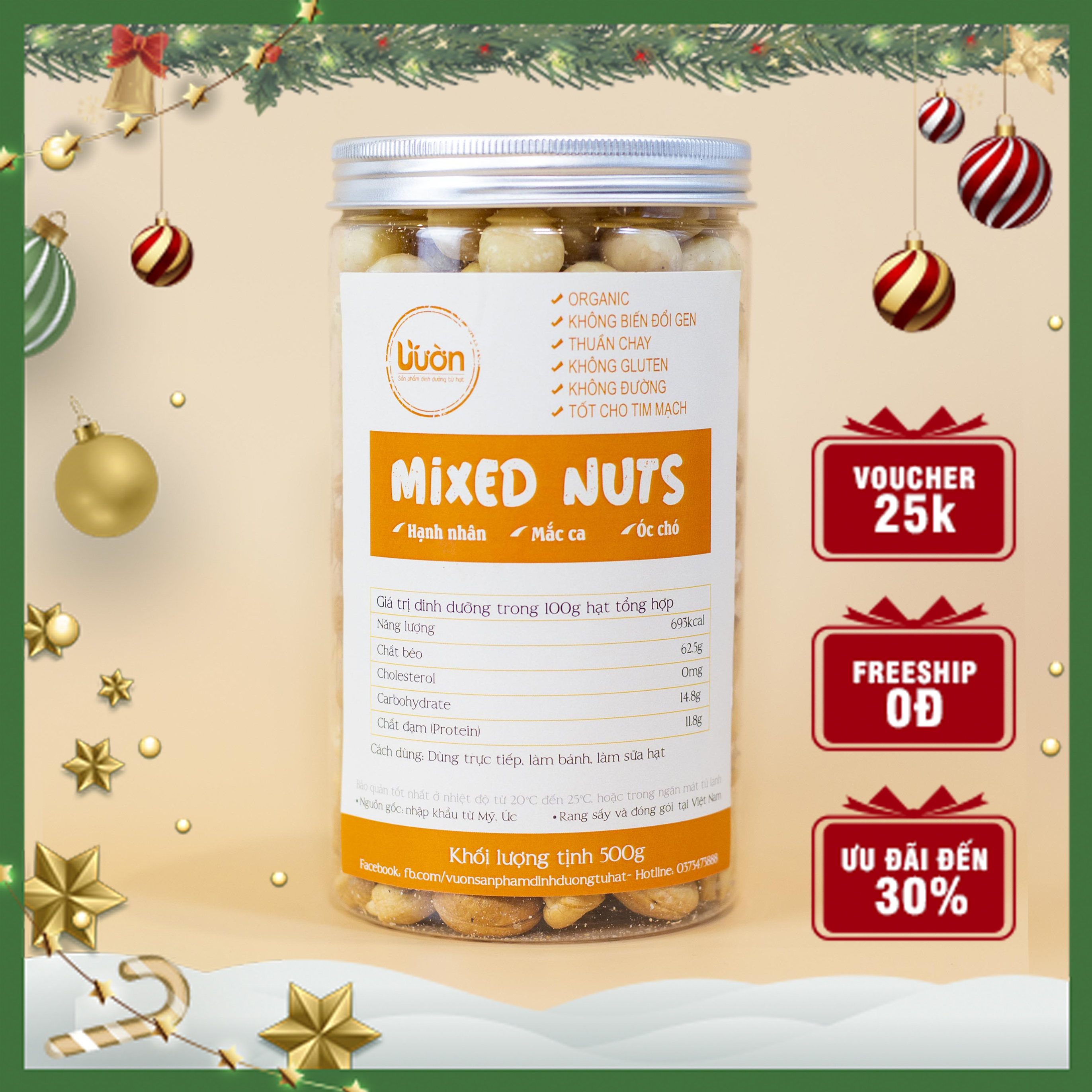 Mix 3 loại hạt dinh dưỡng cao cấp ăn liền vườn organic 500gr