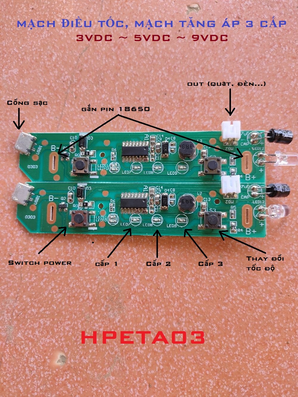 Mạch tăng áp 3 chế độ 3vol  5vol  9vol dùng cho led ,quạt ,động cơ mini HPETA03