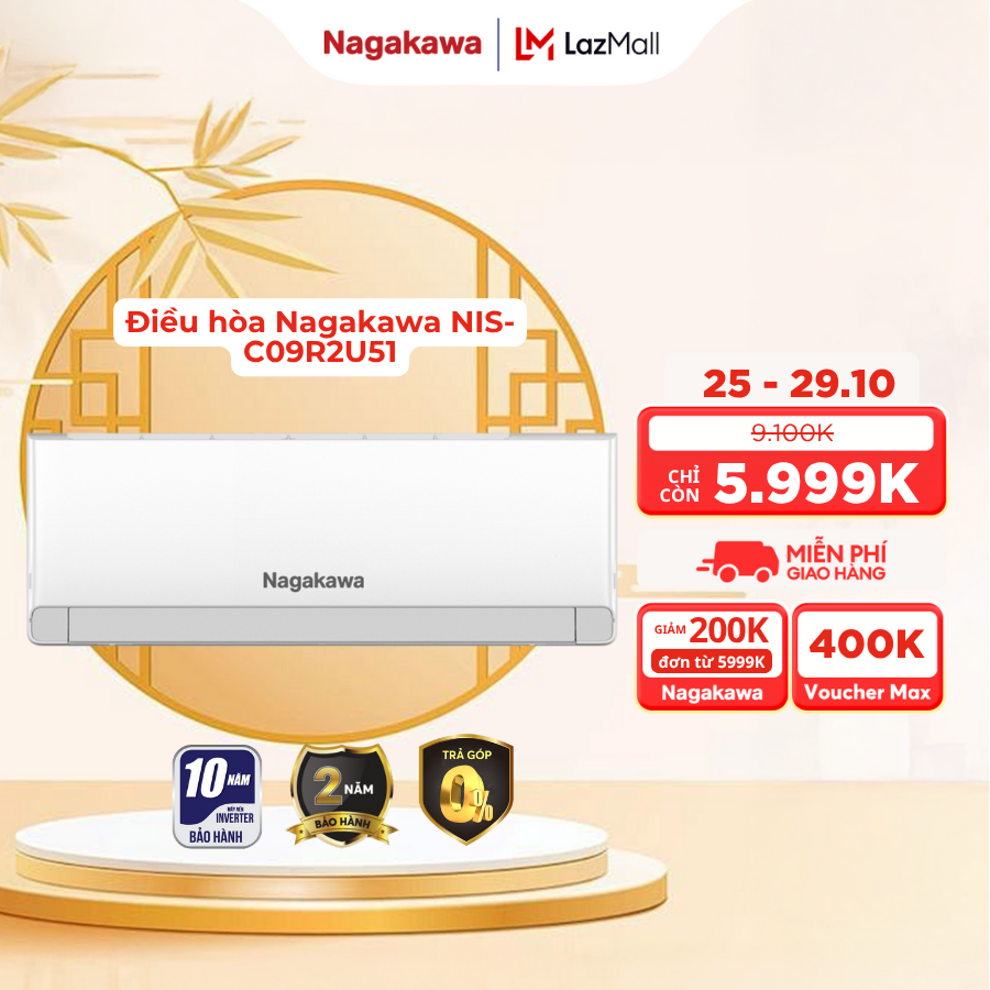 Điều hòa/ Máy lạnh Nagakawa 1 chiều inverter 9000BTU/H (1HP) NIS-C09R2U51, NIS-C09R2T29, NIS-C09R2U5