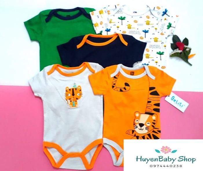 Set 5 bộ body Beliti tay ngắn cho bé trai kèm móc. Set 5 áo liền quần cho bé trai kèm móc