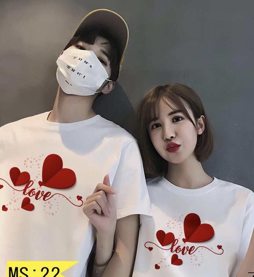 Áo đôi, áo cặp in hình trái tim cổ tròn tay lửng