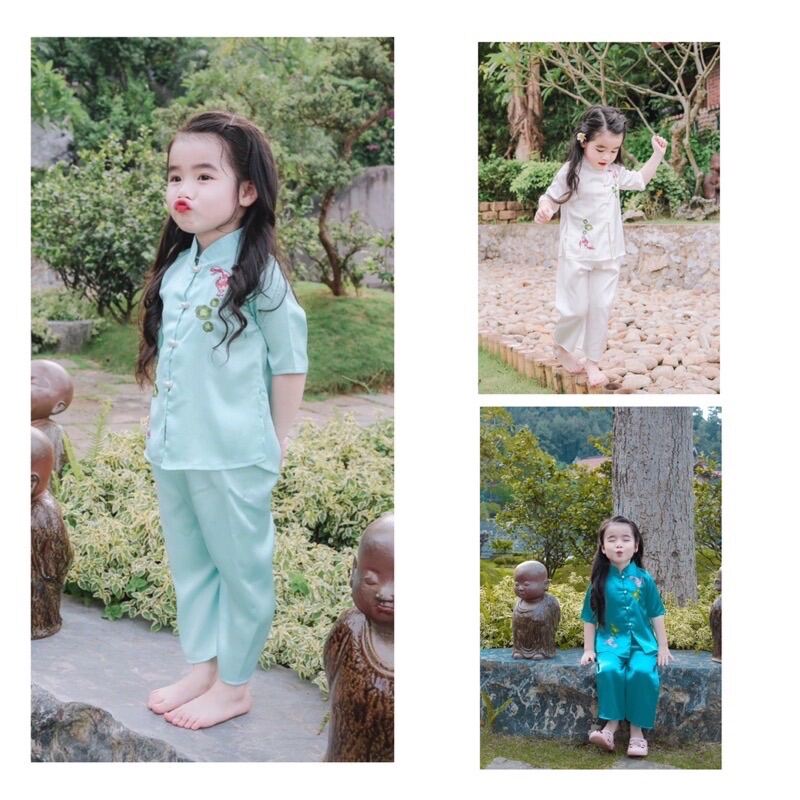 Bộ bà ba, bộ đồ lam thêu hình cá cho bé gái