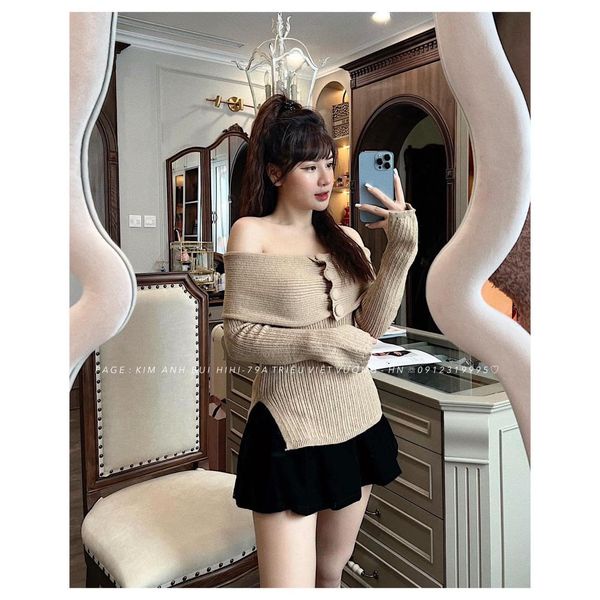 Áo len trễ vai cúc bọc xẻ vạt
