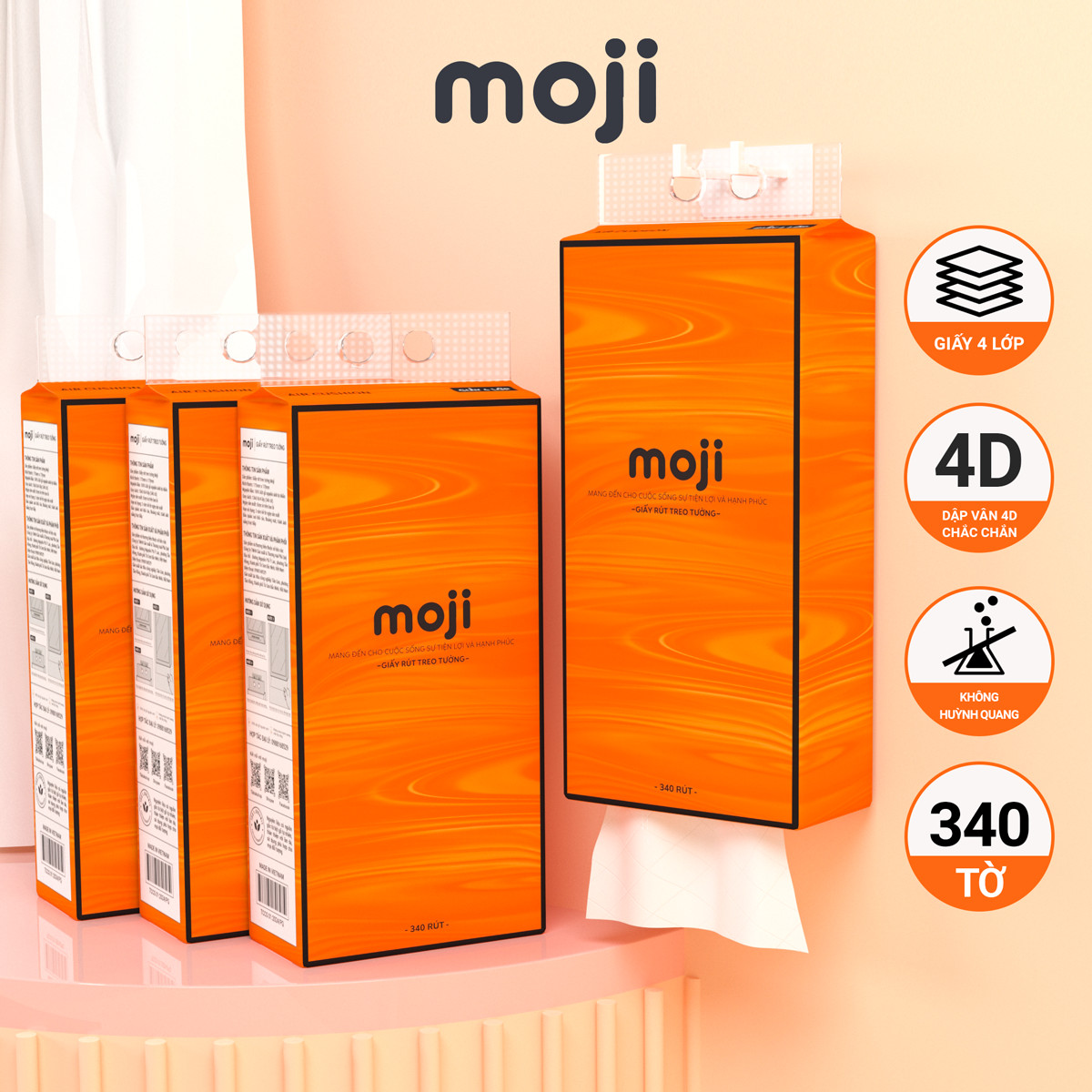 Giấy rút treo tường Moji tặng kèm móc treo cao cấp, giấy vệ sinh treo tường 4 lớp bột gỗ nguyên sinh không chất tẩy trắng