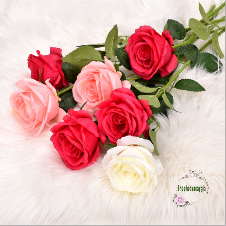 Hoa giả-Hoa hồng nhung cao cấp giống thật 1 bông size lớn cành dài 50cm đường kính 9-10cm-Hoa lụa trang trí-Trà quý tộc
