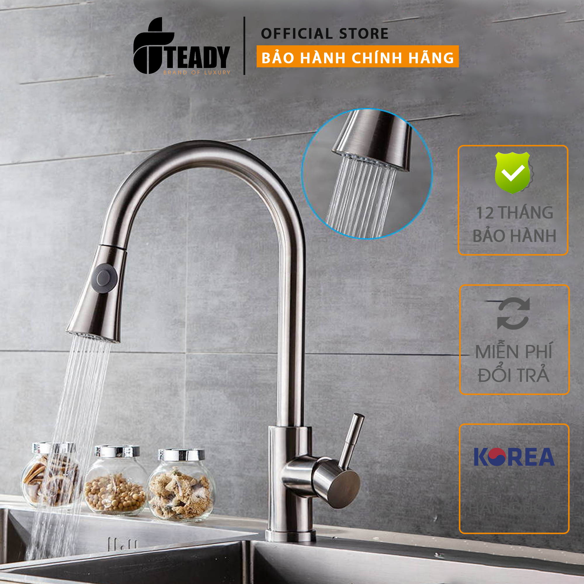 Vòi rửa nóng lạnh Teady dây rút inox mạ crom/niken VC014 , Vòi rửa chén nóng lạnh thông minh dây rút tiện lợi dễ dàng vệ sinh - bảo hành chính hãng 12 tháng VC014