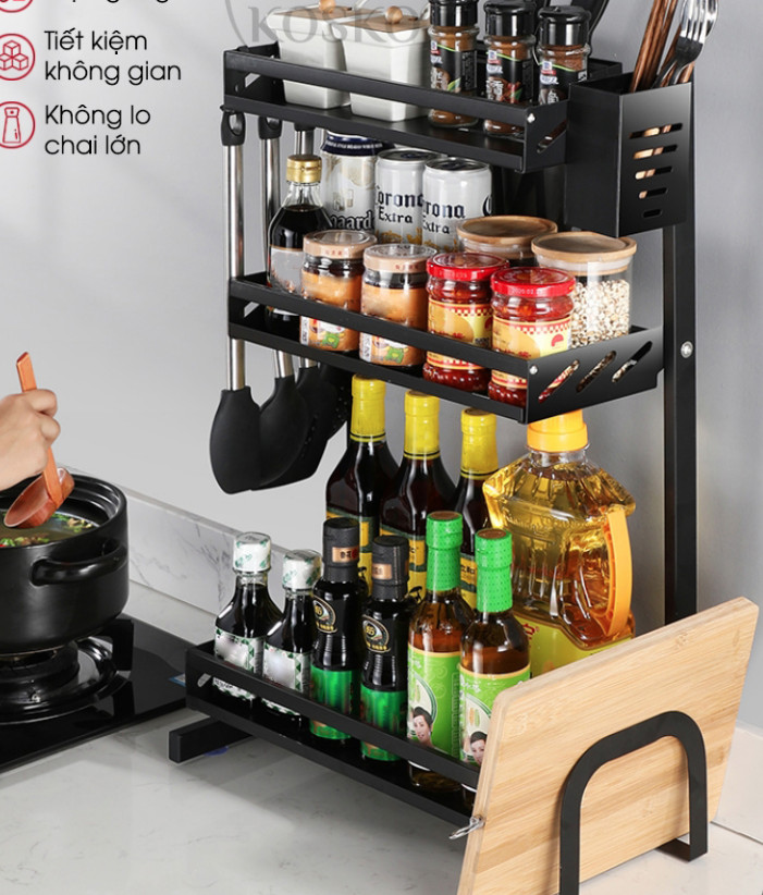 Kệ gia vị TẶNG KÈM giá dao thớt và hộp đựng đũa thìa tiện ích sơn tĩnh điện chất liệu Thép cao cấp hàng Việt Nam chất lượng cao2 tầng và 3 tầng