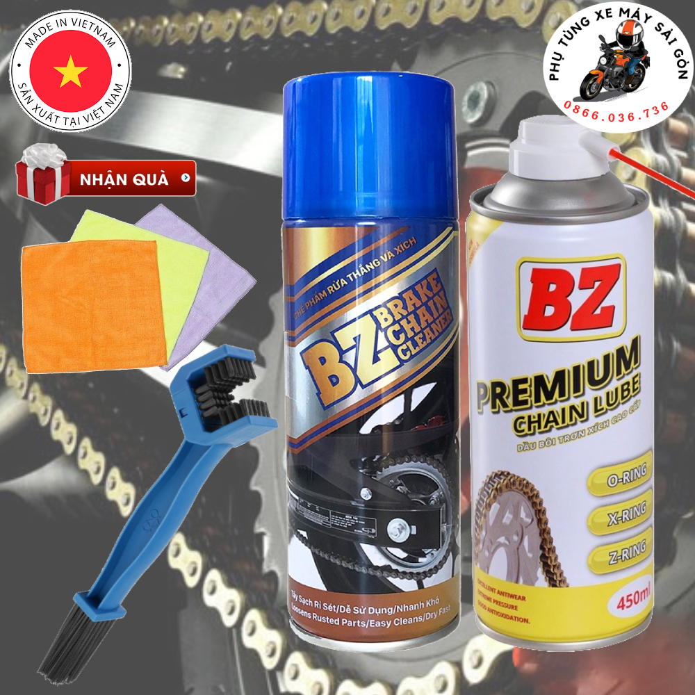 Combo dưỡng sên rửa sên BZ Premium Chain Lube - Mua Combo Tặng bàn chải 3D