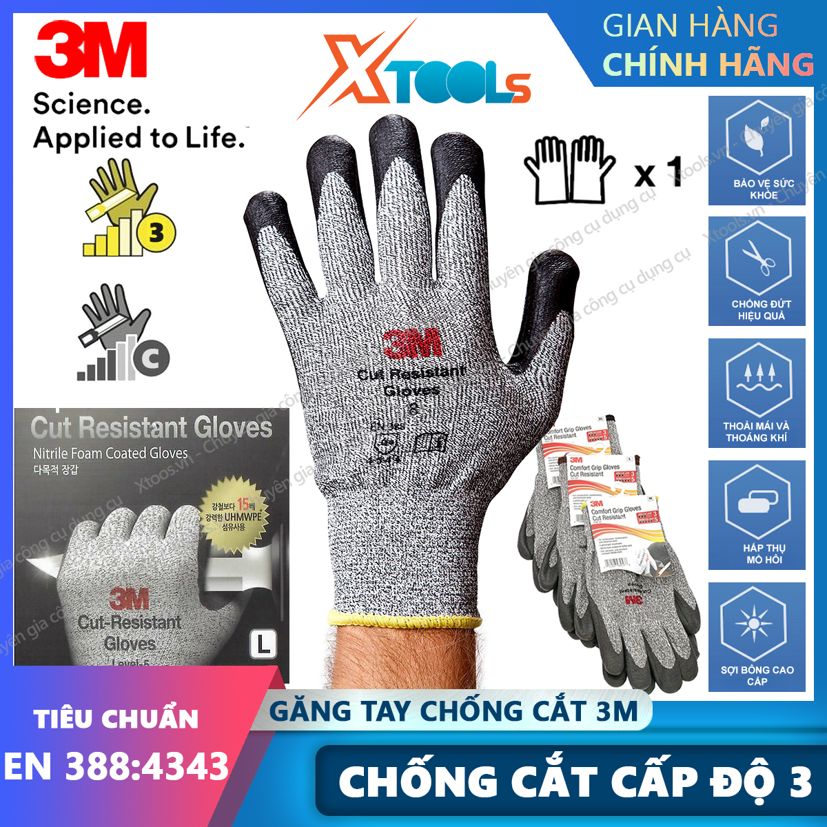 Găng tay chống cắt 3M cấp độ 3Găng chống cắt chống đâm xuyên tiêu chuẩn EN388:4343 bao tay bảo hộ lao động 3M