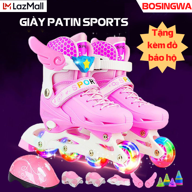 Bộ Giày trượt Patin CHỐNG TRẸO CHÂN Chính Hãng BOSINGWA có ánh sáng (Kèm bộ phụ kiện) Chắc Chắn Chịu Lực Tốt Chống Va Đập, Tặng Kèm Mũ Và Đồ Bảo Hộ