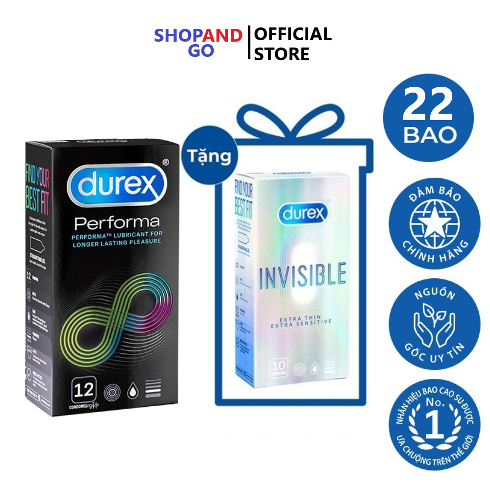 FREESHIP Bộ 1 hộp Bao cao su Durex Performa Kéo dài thời gian hộp 12 cái tặng 1 hộpbao cao su Durex siêu mỏng Invisible 10 cái