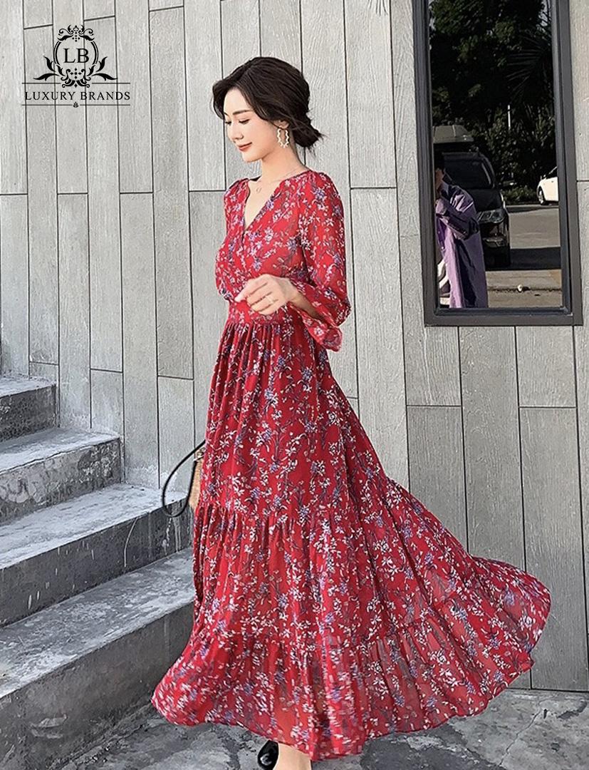 Váy đầm midi hoa nhí dài tay cổ tim chữ V ống tay loe boho tiểu thư bánh bèo thu đông ulzzang Hàn Quốc l1