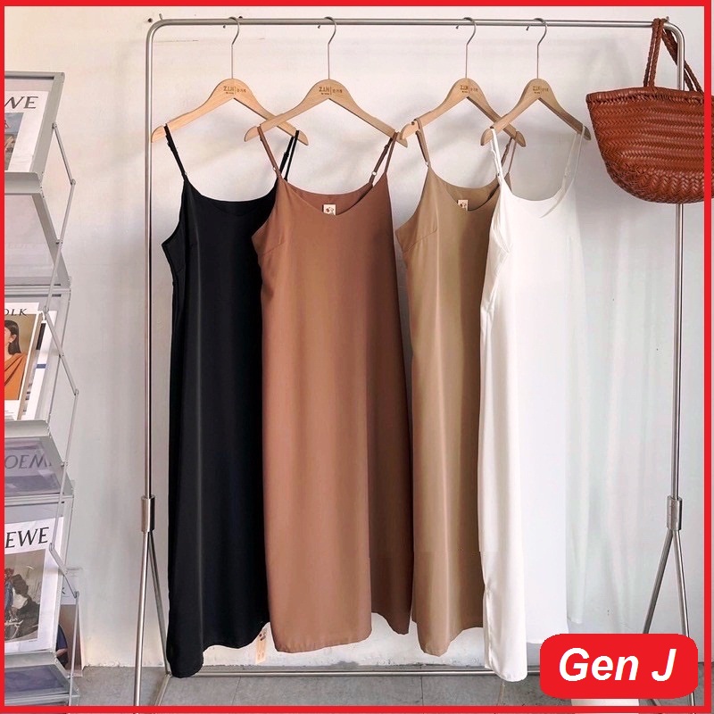 Váy ngủ 2 dây, váy maxi dáng dài, đầm xuông đi biển chất đũi lụa trơn basic nữ - gen j v2day tron
