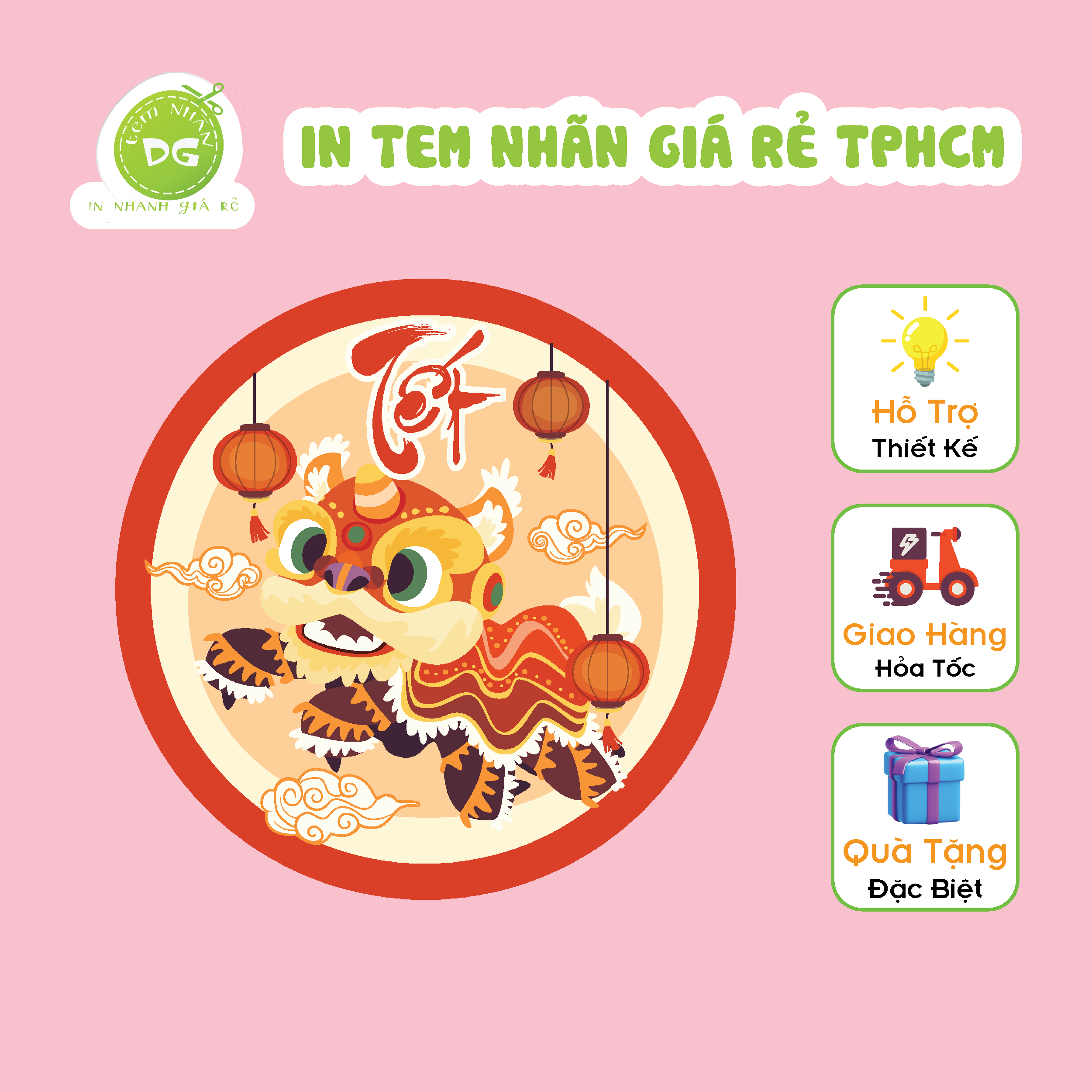 Sẳn tem nhãn giấy - decal dán - tết hình tròn kt: 4cm, 5cm, 6cm