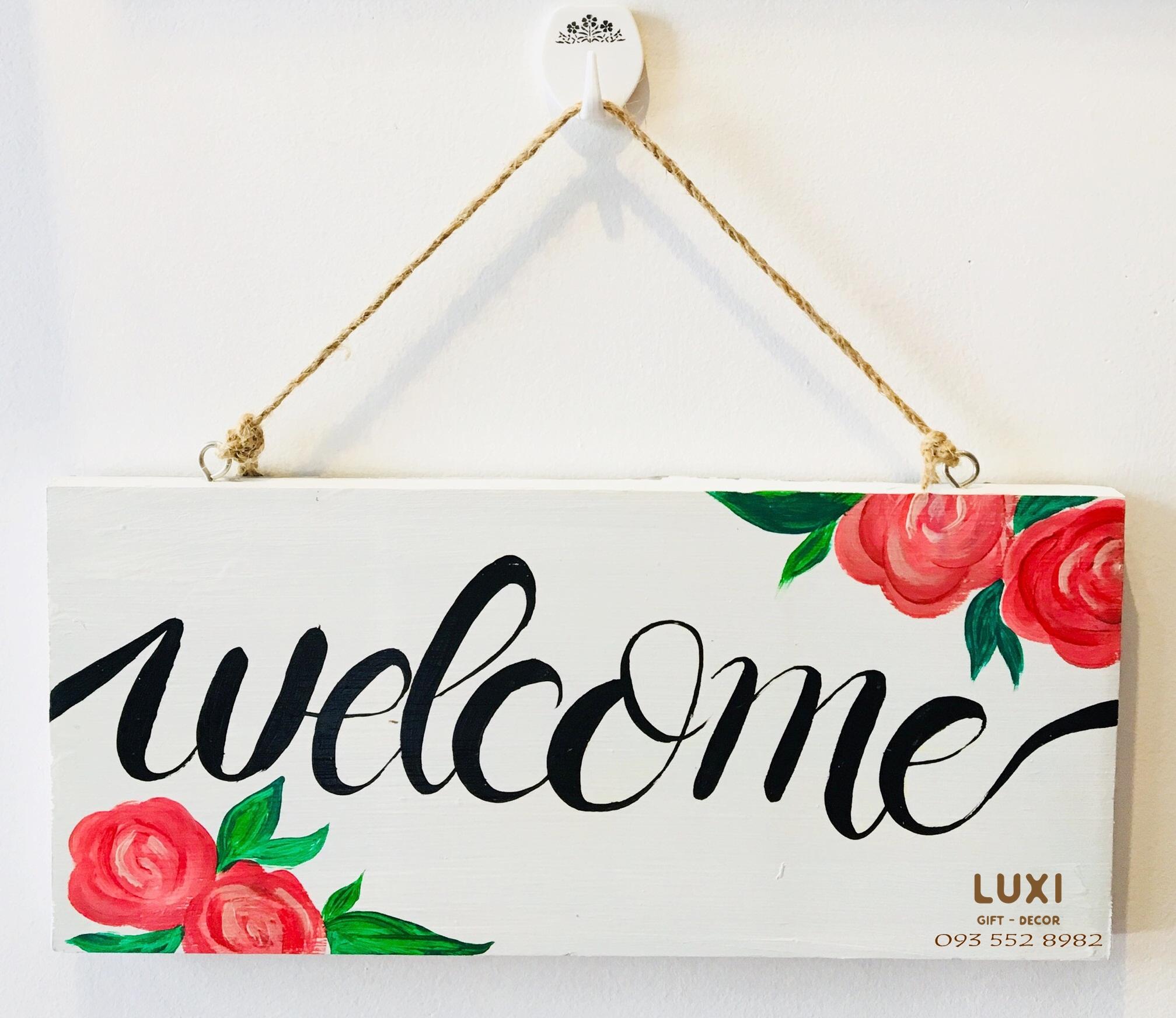 Bảng gỗ vẽ tay 1 mặt welcome 07 luxi decor
