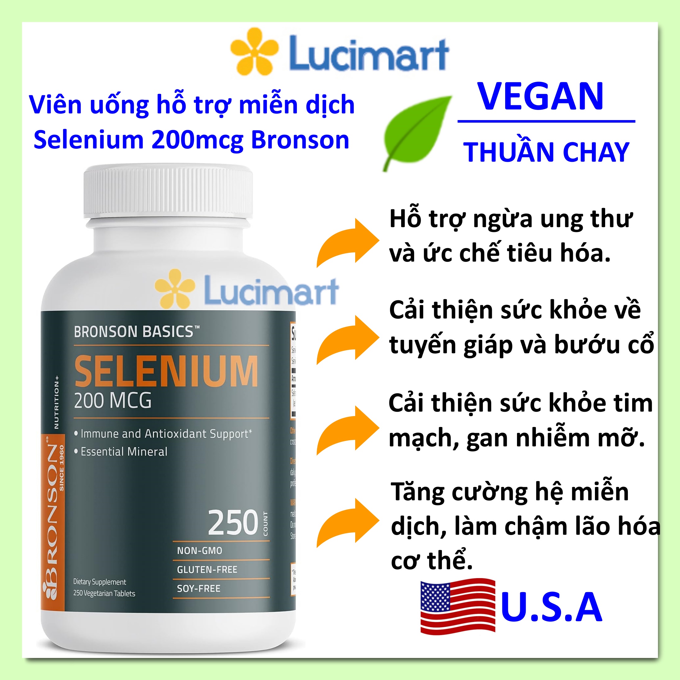 Viên uống hỗ trợ miễn dịch Selenium 200mcg Bronson thuần chay Hàng Mỹ