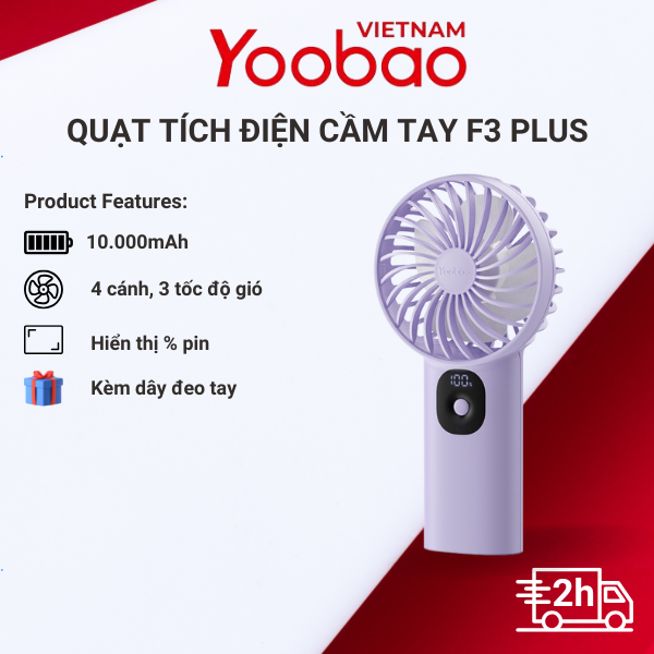  Quạt tích điện cầm tay YOOBAO F3PL dung lượng pin khủng 10000mAh - Có dây đeo tiện lợi - Màn LED hiển thị tình trạng Pin 