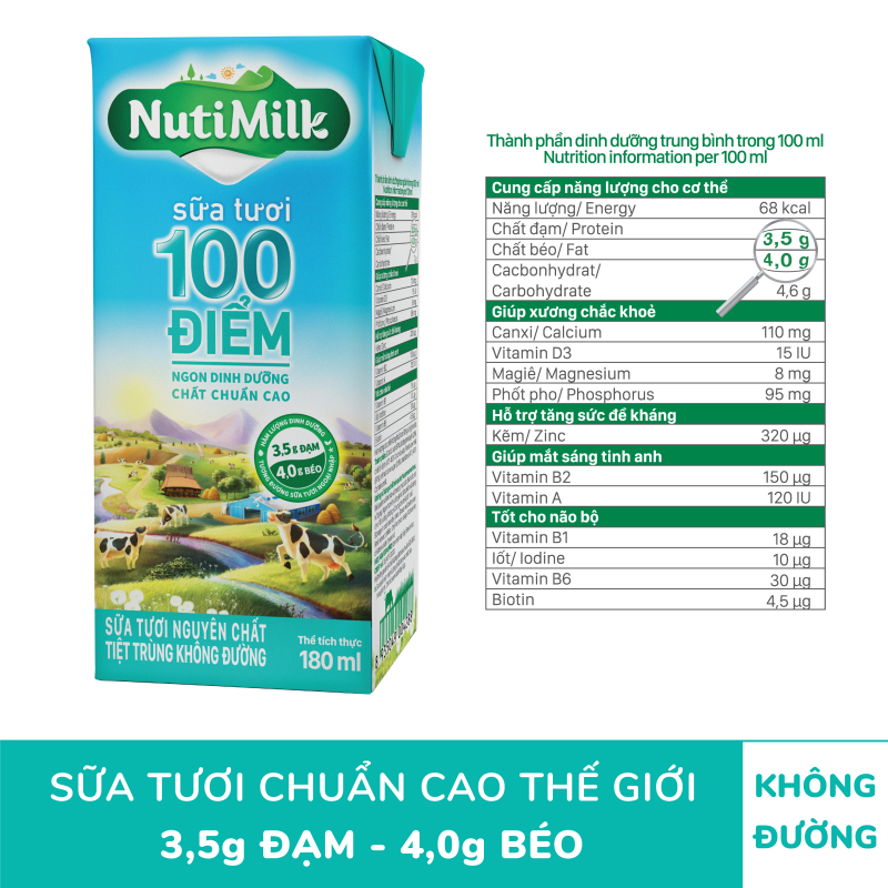 [ MIỄN PHÍ SHIP ĐƠN HÀNG 49K ] NutiMilk Sữa tươi 100 điểm - Sữa tươi tiệt trùng nguyên chất không đường 180ml STKD180TTGT - Thương Hiệu NUTIFOOD - TTGT89