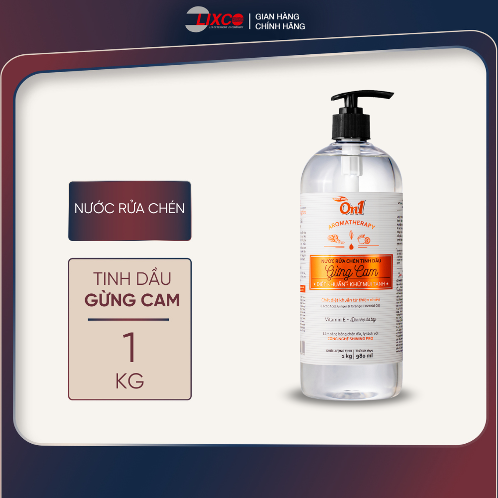 Nước rửa chén On1 tinh dầu gừng cam 1Kg N5603 - rửa bát đánh bay dầu mỡ bảo vệ da tay - Lixco Việt Nam