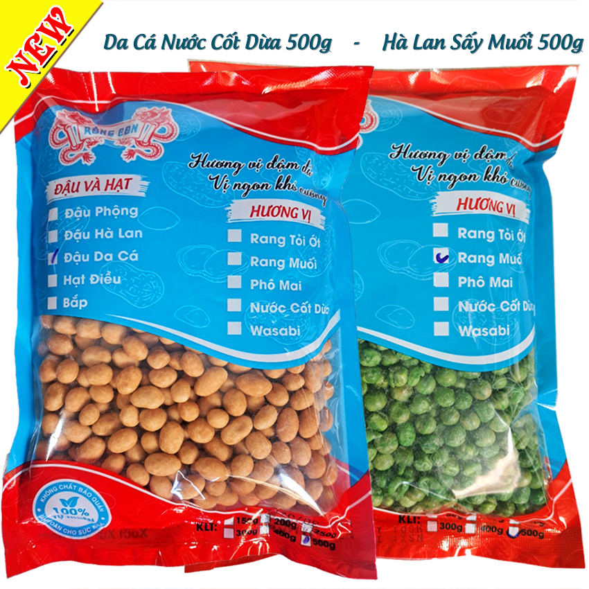Combo 1Kg: 500g Đậu Phộng Da Cá Nước Cốt Dừa - 500g Hà Lan Sấy Muối Thương Hiệu Rồng Con - Đồ ăn vặt
