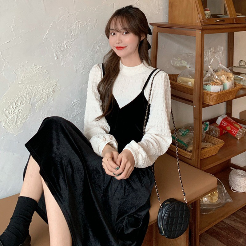 Váy 2 dây nhung suông, đầm nhung form rộng thu đông D882