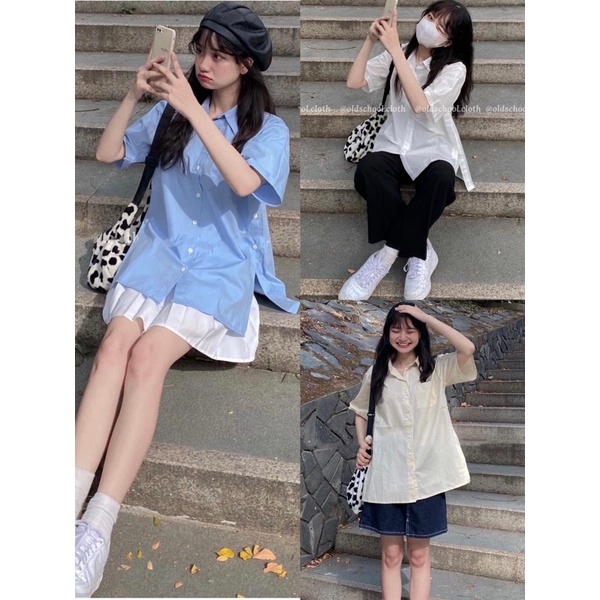 Áo Sơ Mi Cúc Xẻ Tà 2 Bên 3 Màu Trắng/ Xanh/ Be