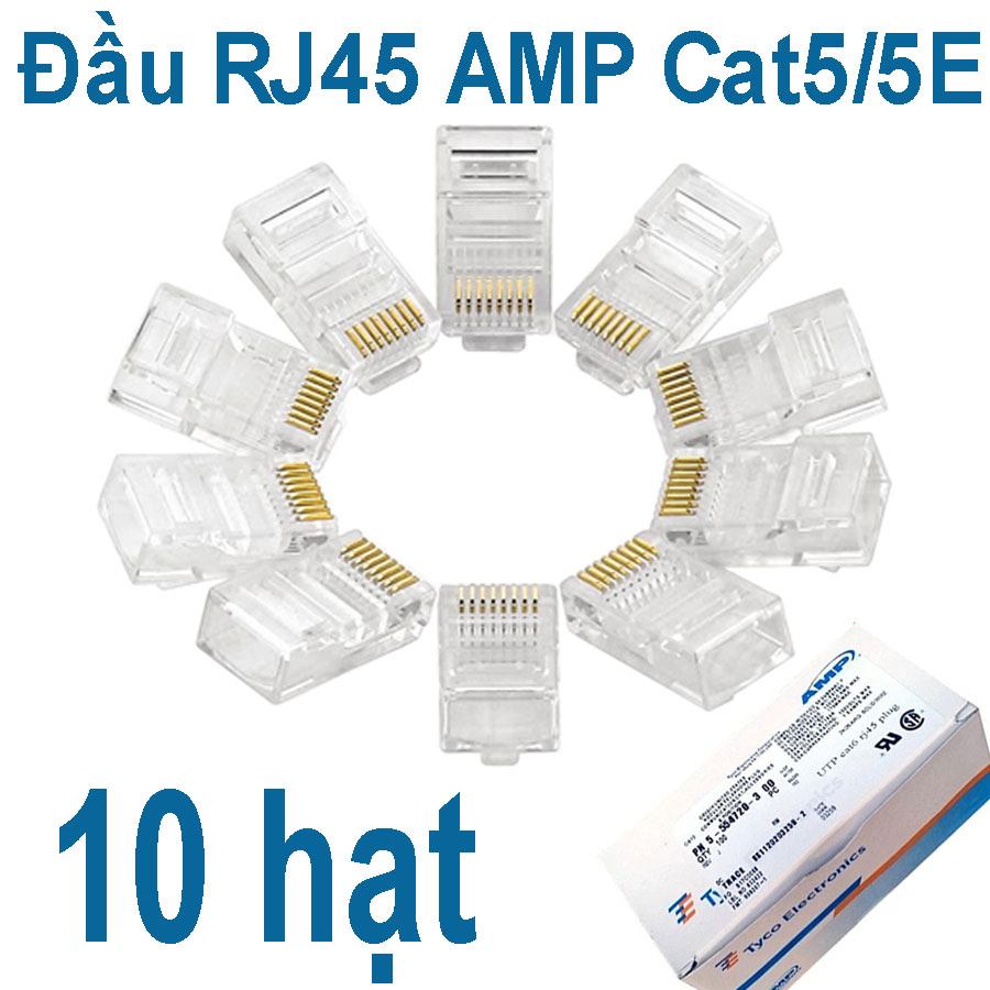 10 đầu rj45 amp cat5/5e - hạt mạng, đầu bấm mạng, đầu rj45, hạt mạng chính hãng